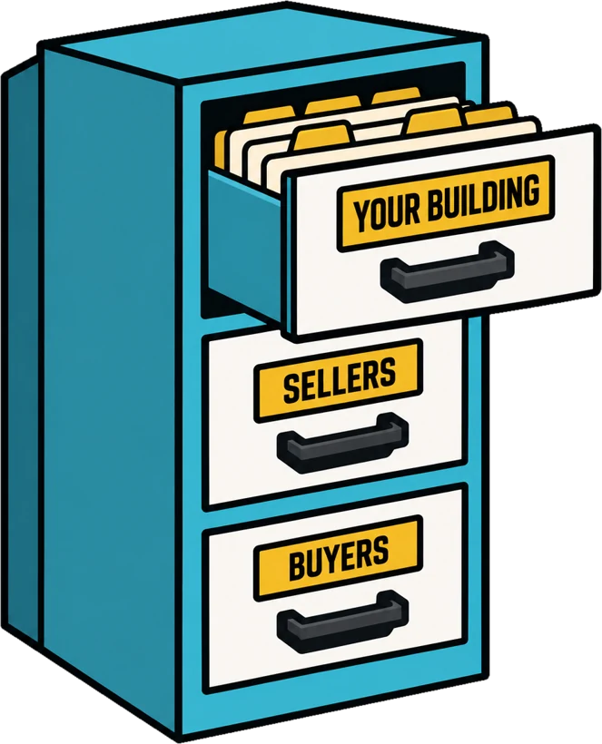 A filing cabinet with drawers for your building, sellers and buyers
