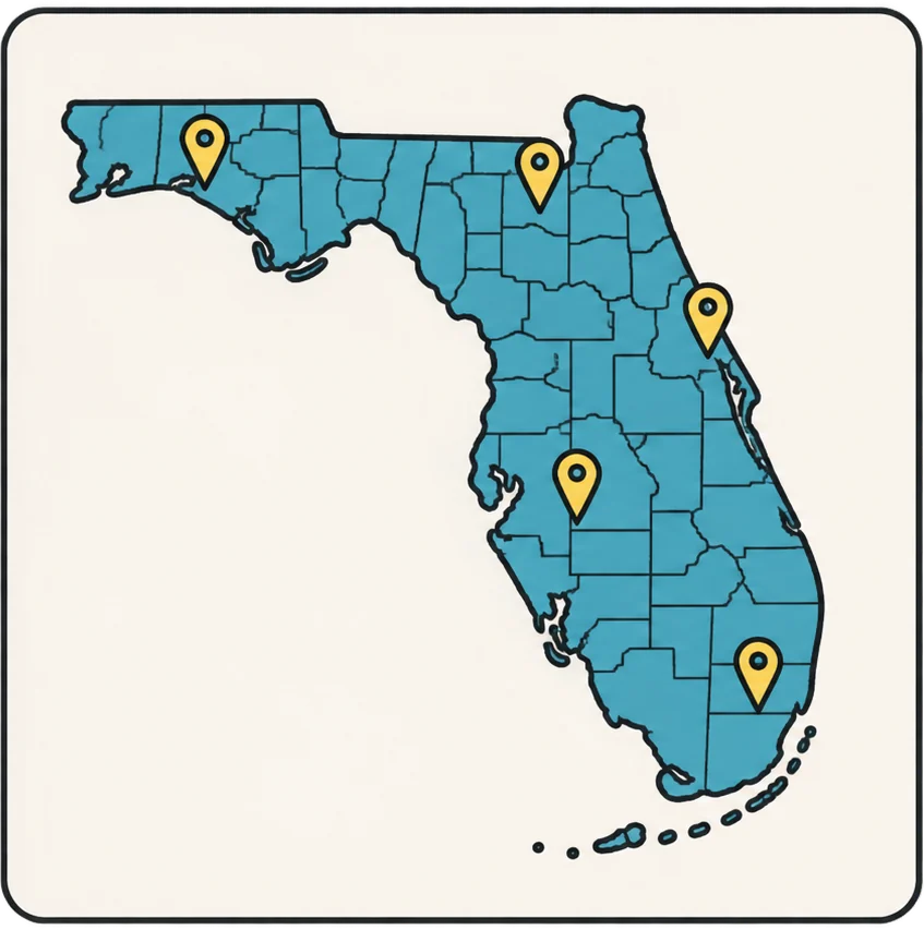 Florida, all 67 counties, with pins where the King has closed